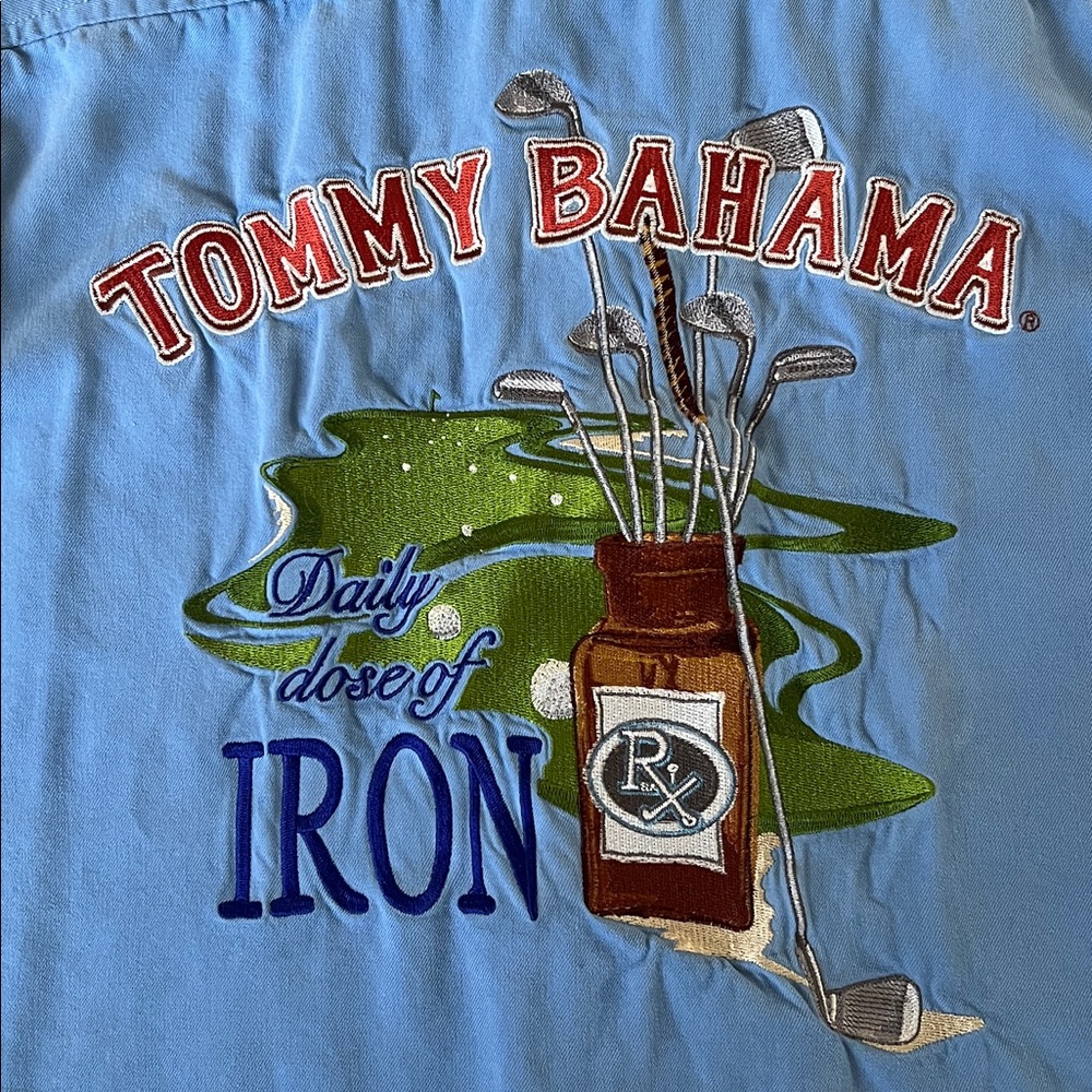 Vintage Tommy Bahama Embroidered Camp Shirt Featuring Golf-Themed Embroidery